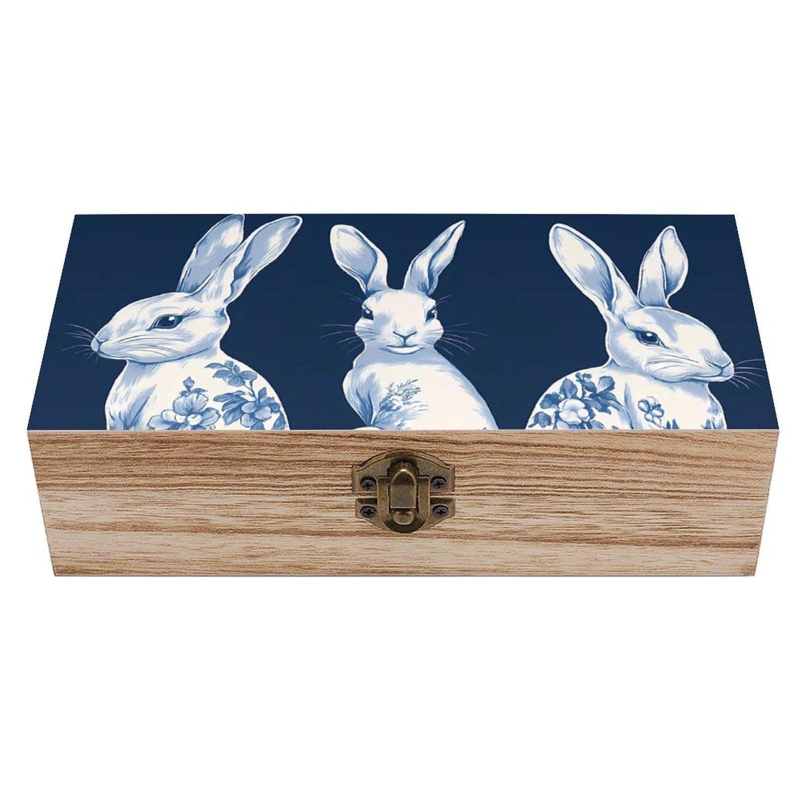 HLBSDM Charming Blue White Floral Bunnies Retro Wooden Storage Box Jewelry Art Gift Boxs Decorative Keepsake Boxes