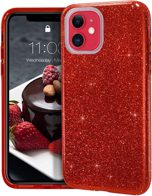 MATEPROX Glitter Case Compatible with iPhone 11 Case Sparkle Sparkly Bling Cute, 3 Layer Hybrid, Anti-Slick Protective Case for iPhone 11 6.1''-Red