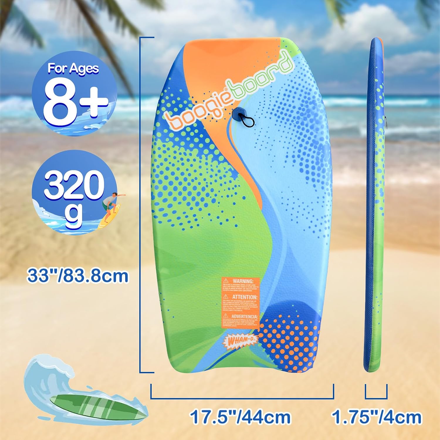 Wham-O Boogie Boards 2 Pack, 33"/37" Body Board for Beach, Lightweight Bodyboard with Wrist Leash for Kids Teens Beginners