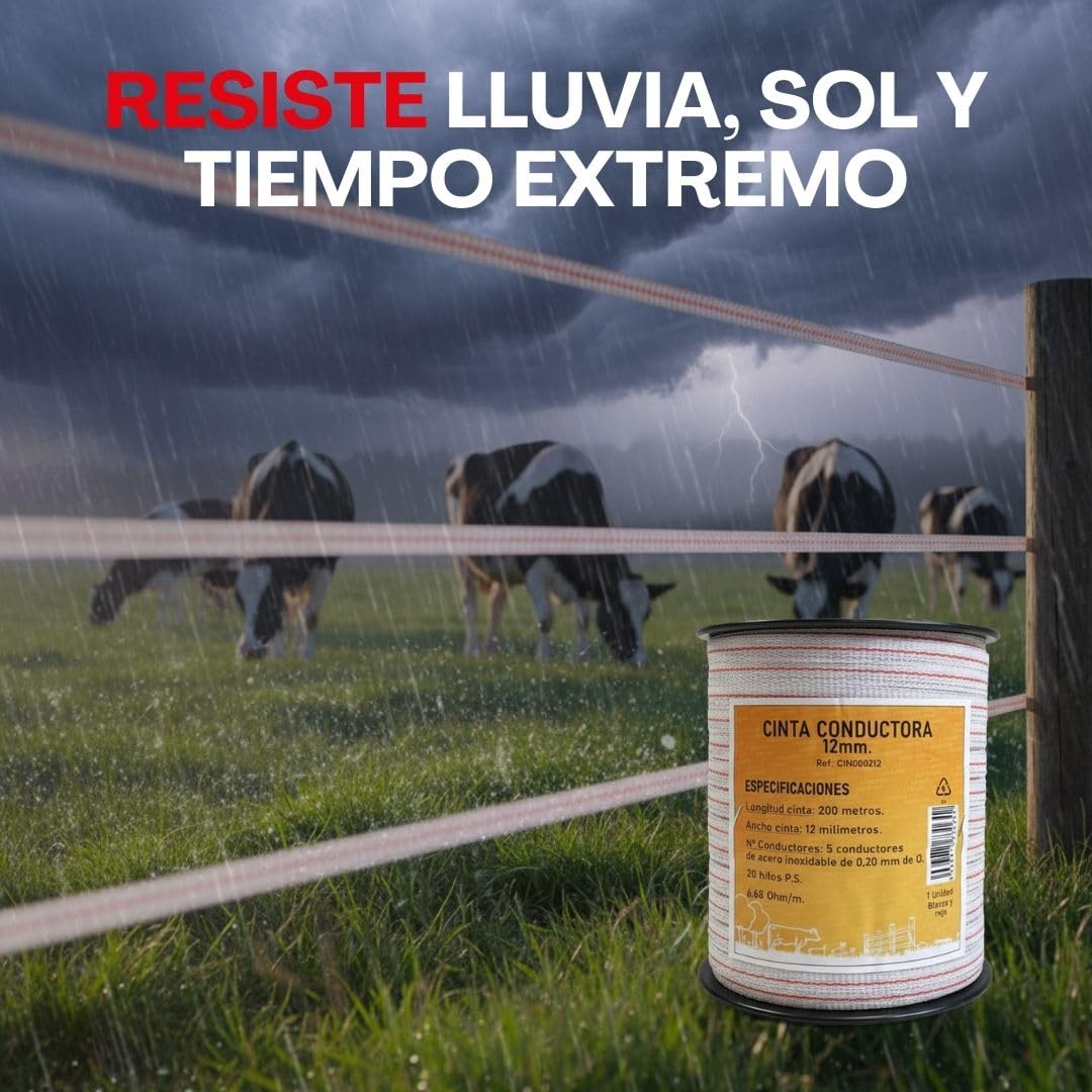 Llampec Hilo Pastor Eléctrico 200 m x 12 mm – Cinta 5 Conductores Acero Inoxidable – Alta Conductividad y Resistencia UV – Cable Valla Eléctrica para Caballos, Vacas y Perros – Bobina Conductora