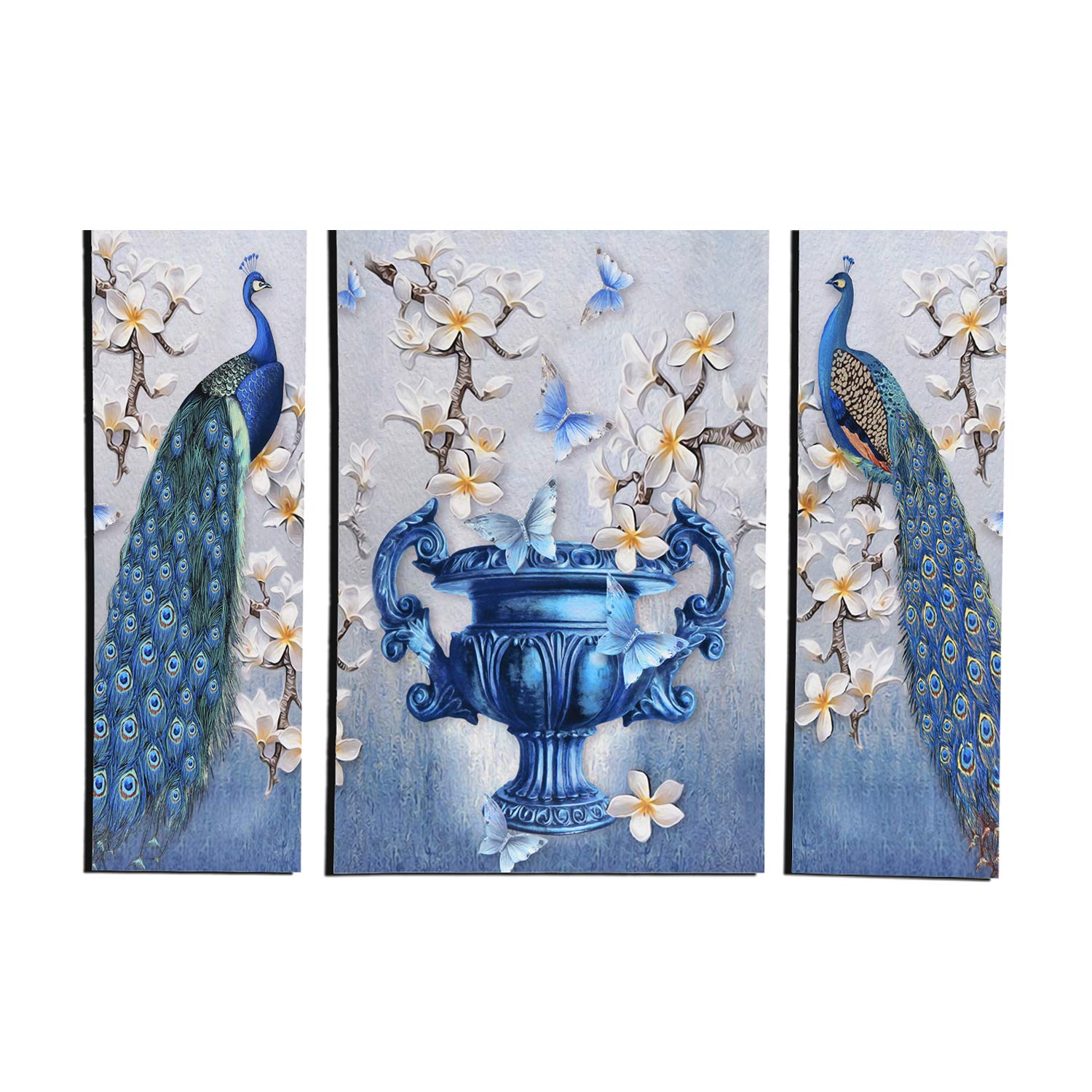 MAHAGAURI ART & SIGN Peacock And Flower Digital Wall Mounted Decorative Rectangular Printed Paintings- Multicolor, 12x18 Inch, Set of 3