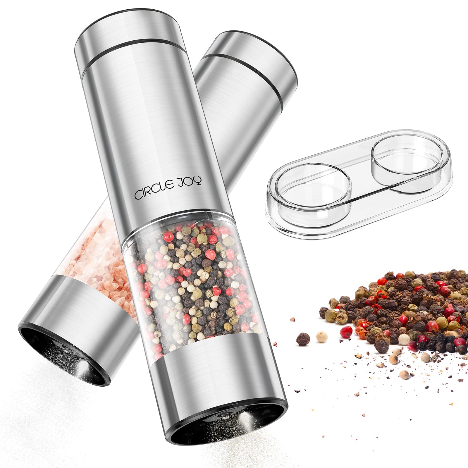 CIRCLE JOY Electric Salt and Pepper Grinder Set Battery Operated Stainless Steel Spice Mills with Base, Washable 95ml Transparent Container, White LED Light and Adjustable Coarseness, Silver