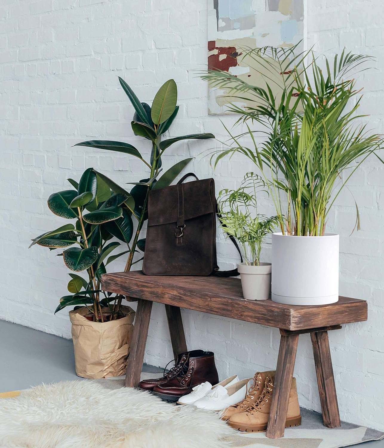 D'vine Dev 2 Pack 8 Inch Modern Plastic Plant Pots, Cylindrical Garden Planters for Plants with Drainage Holes and Saucers, White, 74-Z-M-1