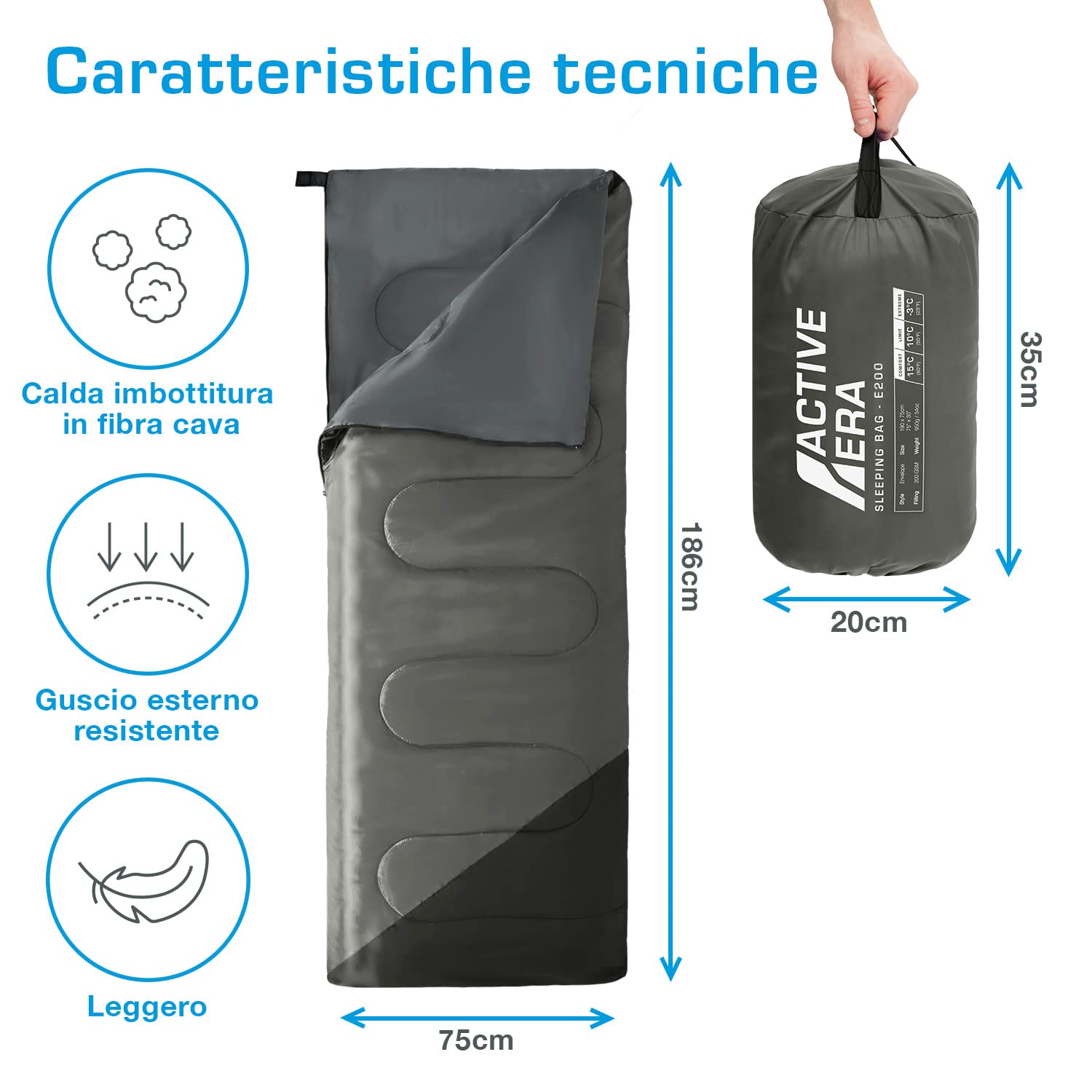 Active Era Eccellente Sacco a Pelo Ultraleggero di Forma Rettangolare, ideale per viaggi e campeggi. Compatto e Facile da Portare,190 x 75 cm.