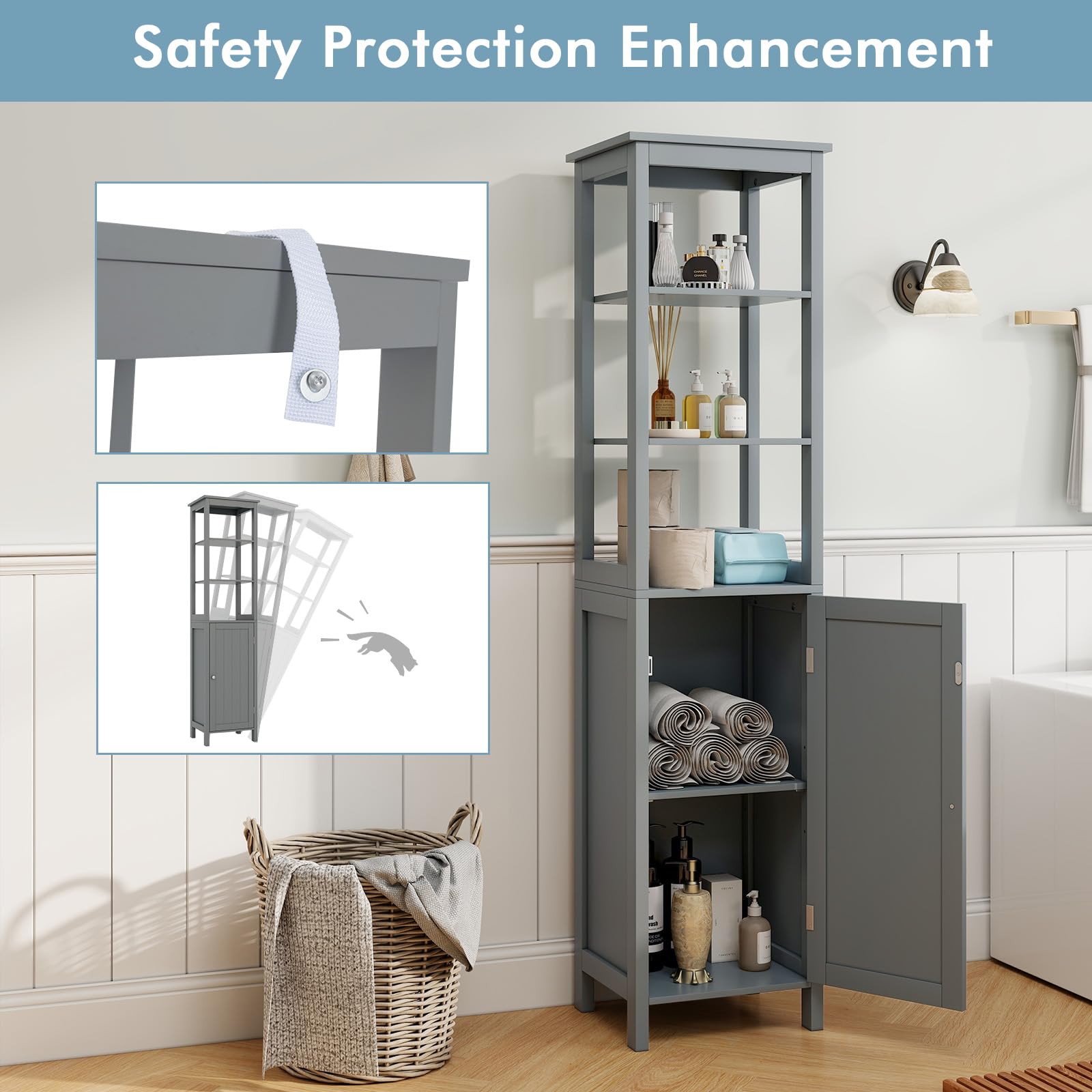 GIANTEX Badezimmerschrank 150cm Hoch - 4 Fächer Mit Tür In Natur