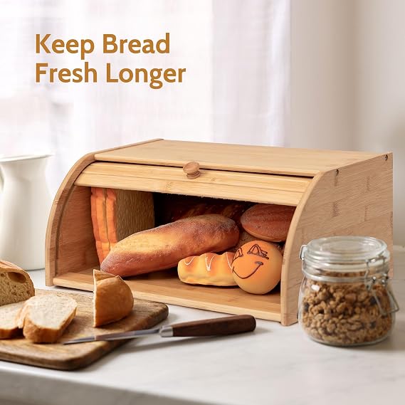 HollyHOME Wooden Bread Bin Natural Bamboo Bread Bins for Kitchen Roll Top