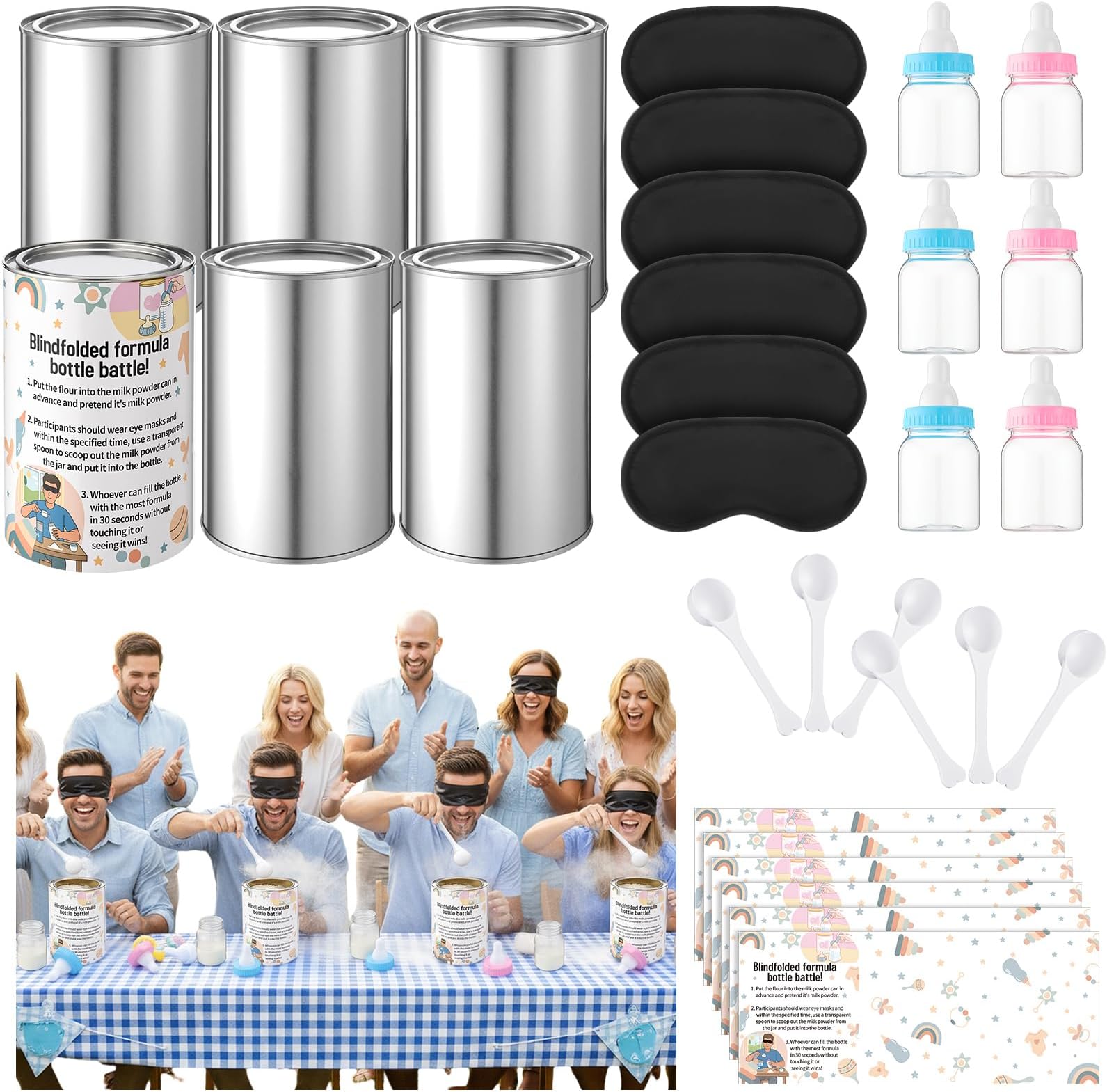 6 Sets Funny Baby Shower Games Blindfolded Formula Bottle Battle Fun Games Includes 6 Baby Bottles 6 Formula Can 6 Eye Mask 6 Spoon and Game Manual for Bridal Shower Gender Reveal Game
