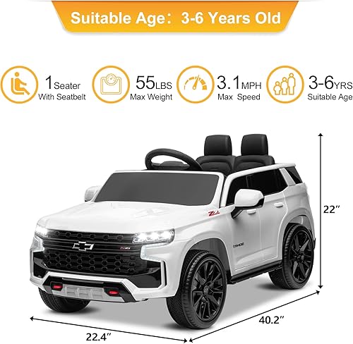 Miniatura 4 de Winado Auto de paseo de 12 V con control remoto, vehículo eléctrico con licencia Chevrolet Tahoe a batería para niños, camión todoterreno para niños