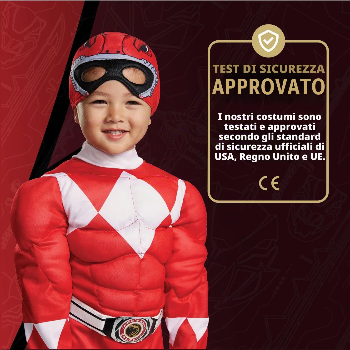 Disguise Costume Power Ranger Rosso Bambini, Vestito Muscoloso Carnevale Power Ranger, Costumi Di Carnevale Per Bambini Taglia XS (3-4 anni)