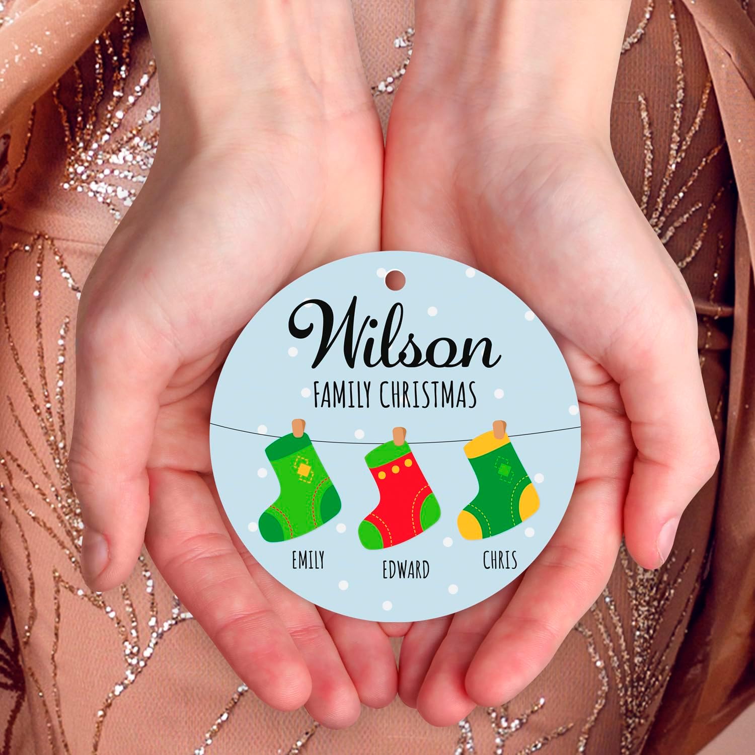 Soul Décor Custom Christmas Ornament, Personalized Stocking 2025 Ornament Name Decor for Christmas Tree Family of Three, Velvet Pouch Included, Large 3.75" Round ACM Ornament
