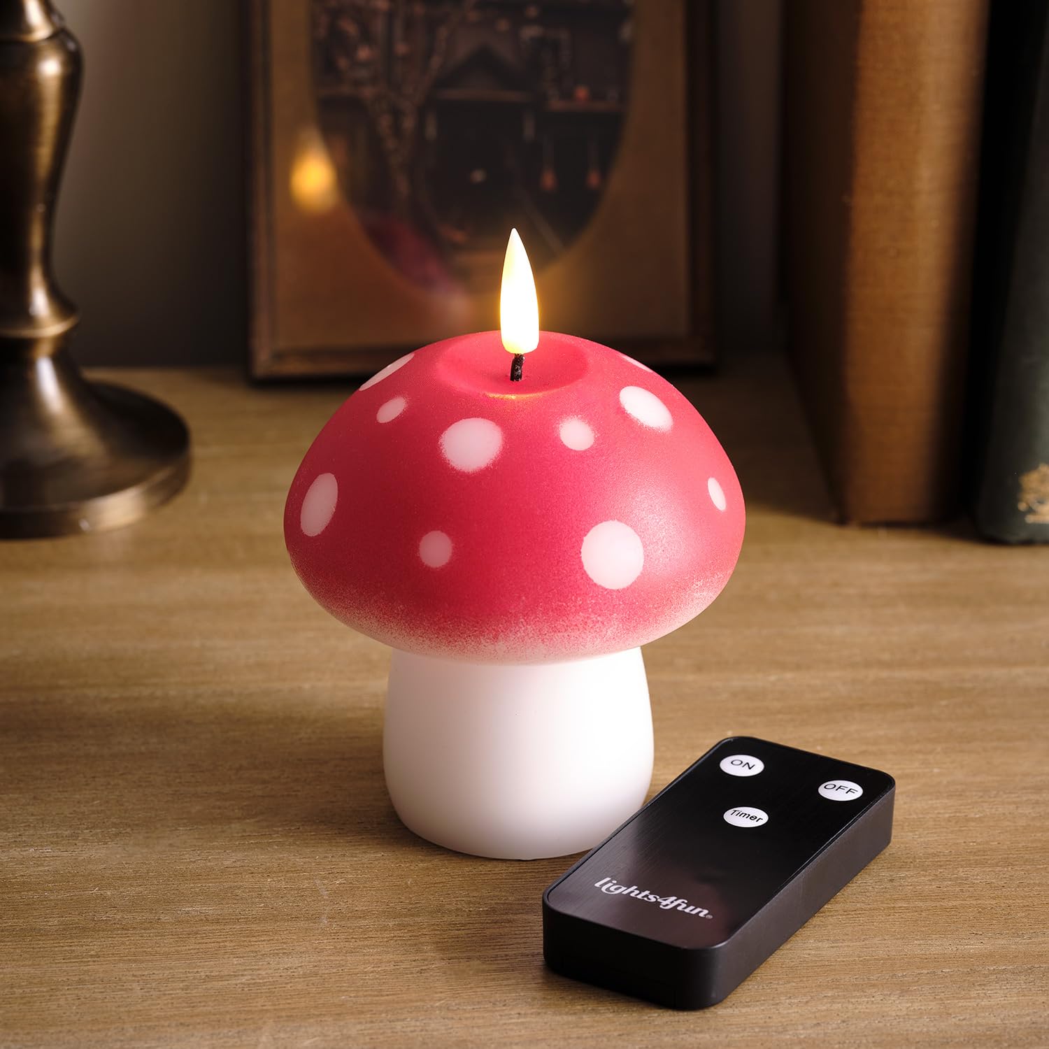 Lights4fun TruGlow® Toadstool Mushroom LED Flameless Pillar Candle Battery Operated Real Wax with Timer and Remote Control Indoor Use
