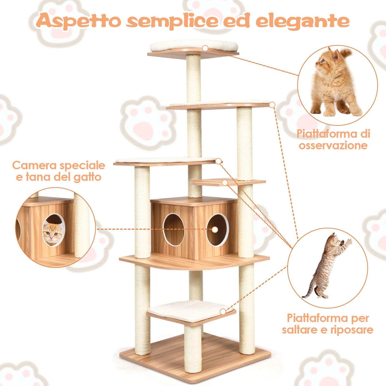 COSTWAY Tiragraffi per Gatti 176cm, Albero per Gatti Adulti XXL con Corda Sisal, Cuccia, Piattaforma e Cuscini, 86,5 x 86,5 x 176cm, Nero e Naturale