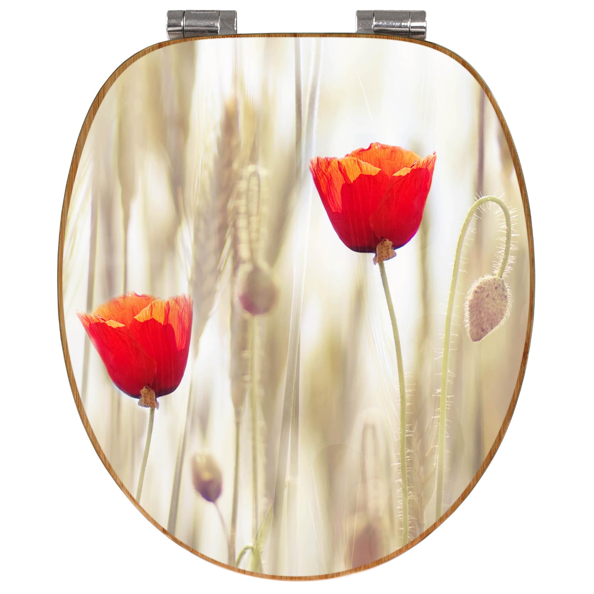 banjado Design WC Sitz Bambus Absenkautomatik 45,8x37,5cm - Toilettendeckel mit Absenkautomatik Holz - hochwertiger Bambus Klodeckel - WC-Sitz für gängigen Toiletten - Motiv Klatschmohn