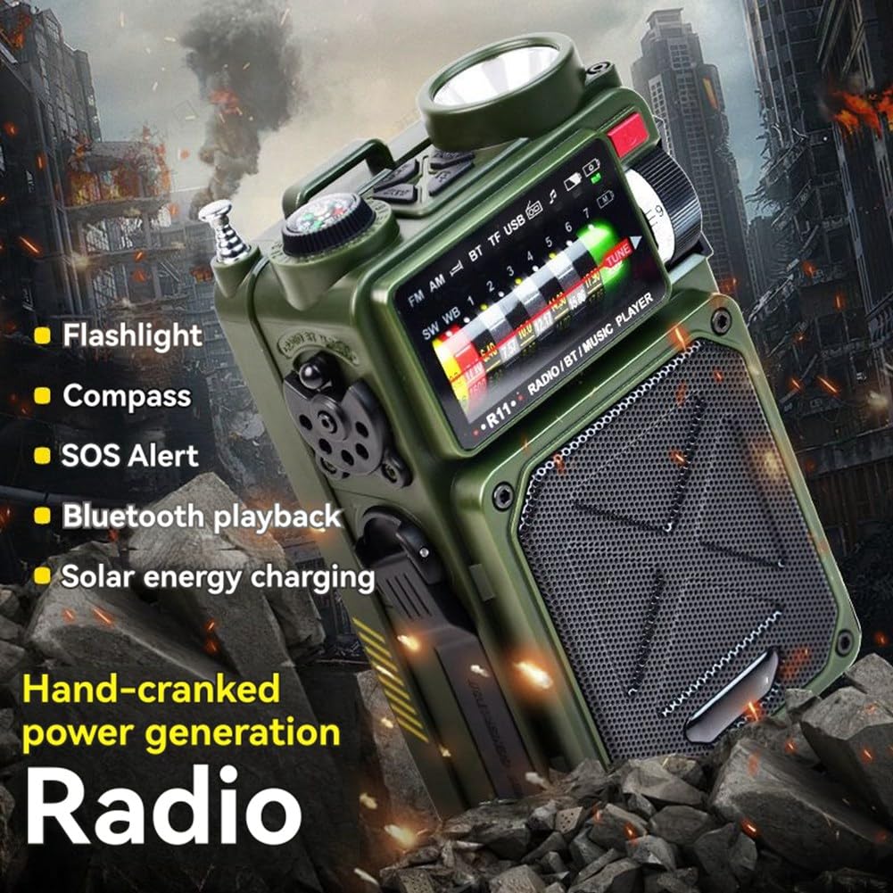 Radio Multifuncional de Emergencia con Altavoz Bluetooth, Brújula, Linterna, Generador Solar de Manivela, Banco de Energía.