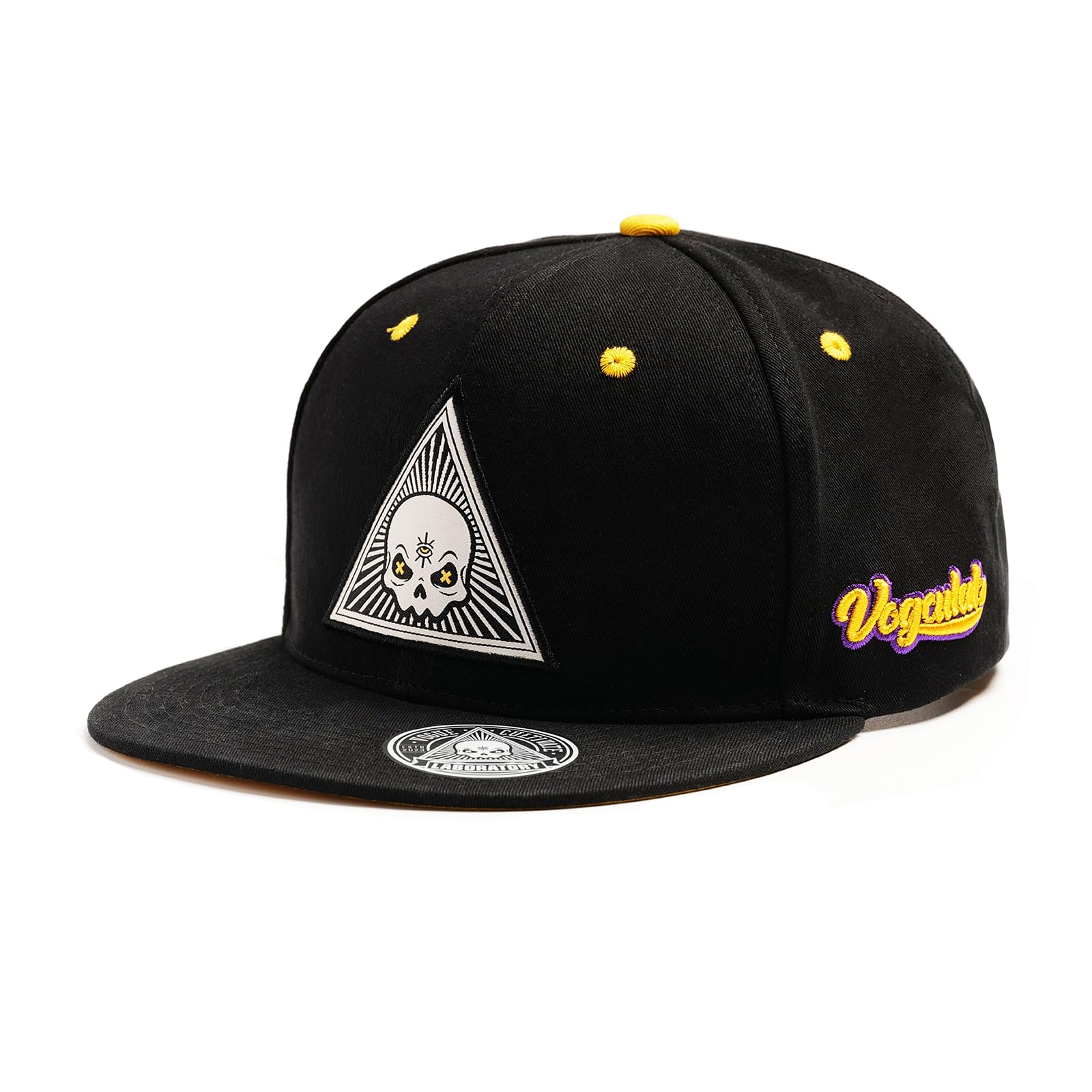 Hip Hop Hat Flat Brim Hat Rock Cap Cotton Adjustable Rear Snapback Unisex Hat Black with Skull Triangle Patch