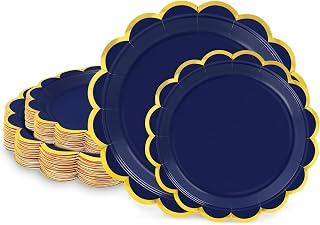 50 Pcs Navy Blue Paper Plates, 25 Pcs 9" and 25 Pcs 7" Disposable Navy Blue Scalloped Plates with Gold Foil for Graduation Wedding Baby Shower Birthday Party Picnic BBQ
