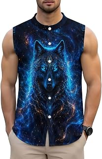Sleeveless Shirts for Men Button Up Beach Shirt Snow Moon Wolf