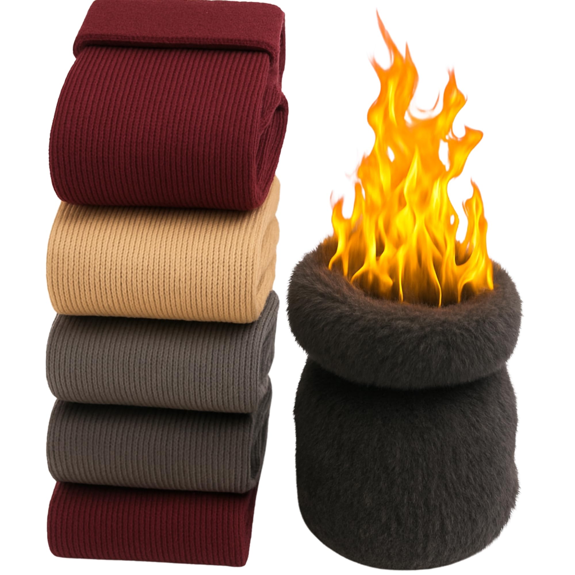 5 Pairs Womens Full Length Thumb Socks Woolen Winter Super Thick Thermal, Ultra Warm Velvet Snow Crew Socks for Extreme Cold, Hiking & Outdoor (Free Size)