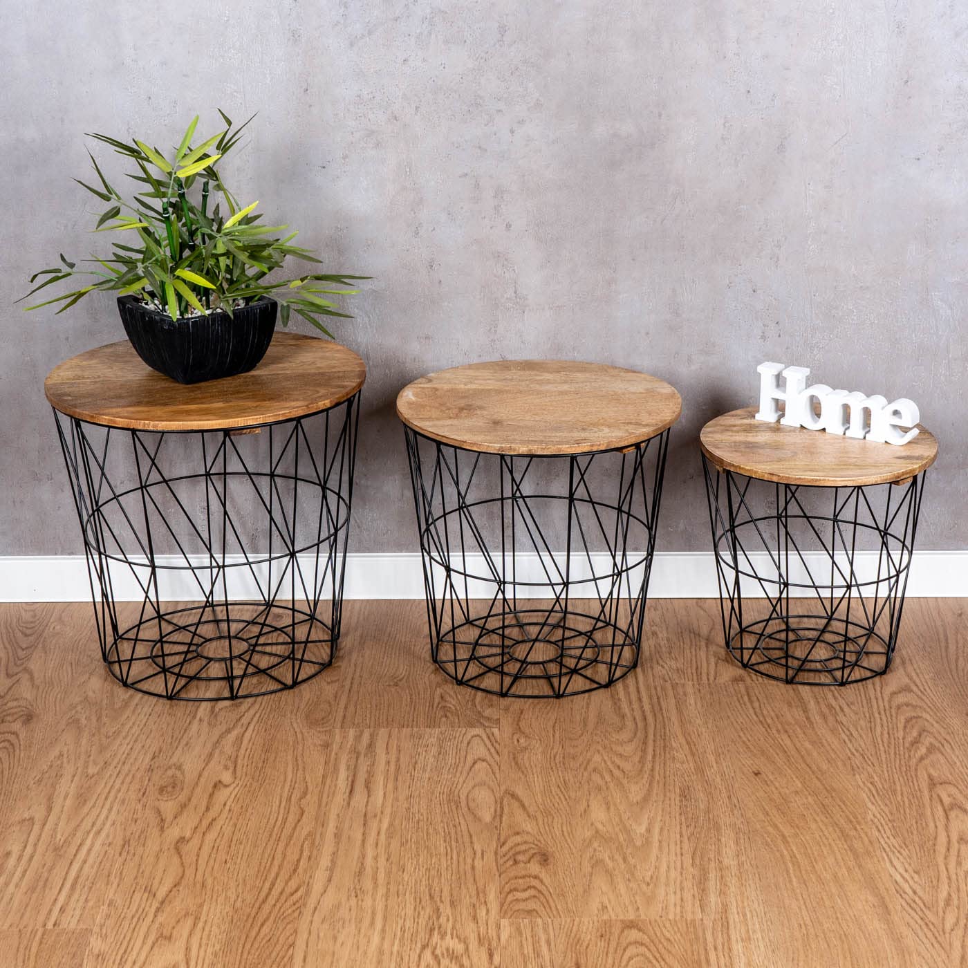 levandeo Set van 3 bijzettafels, metaal, metalen mand, draadmand, wit, salontafel, deksel, opslag, design, decoratieve tafel