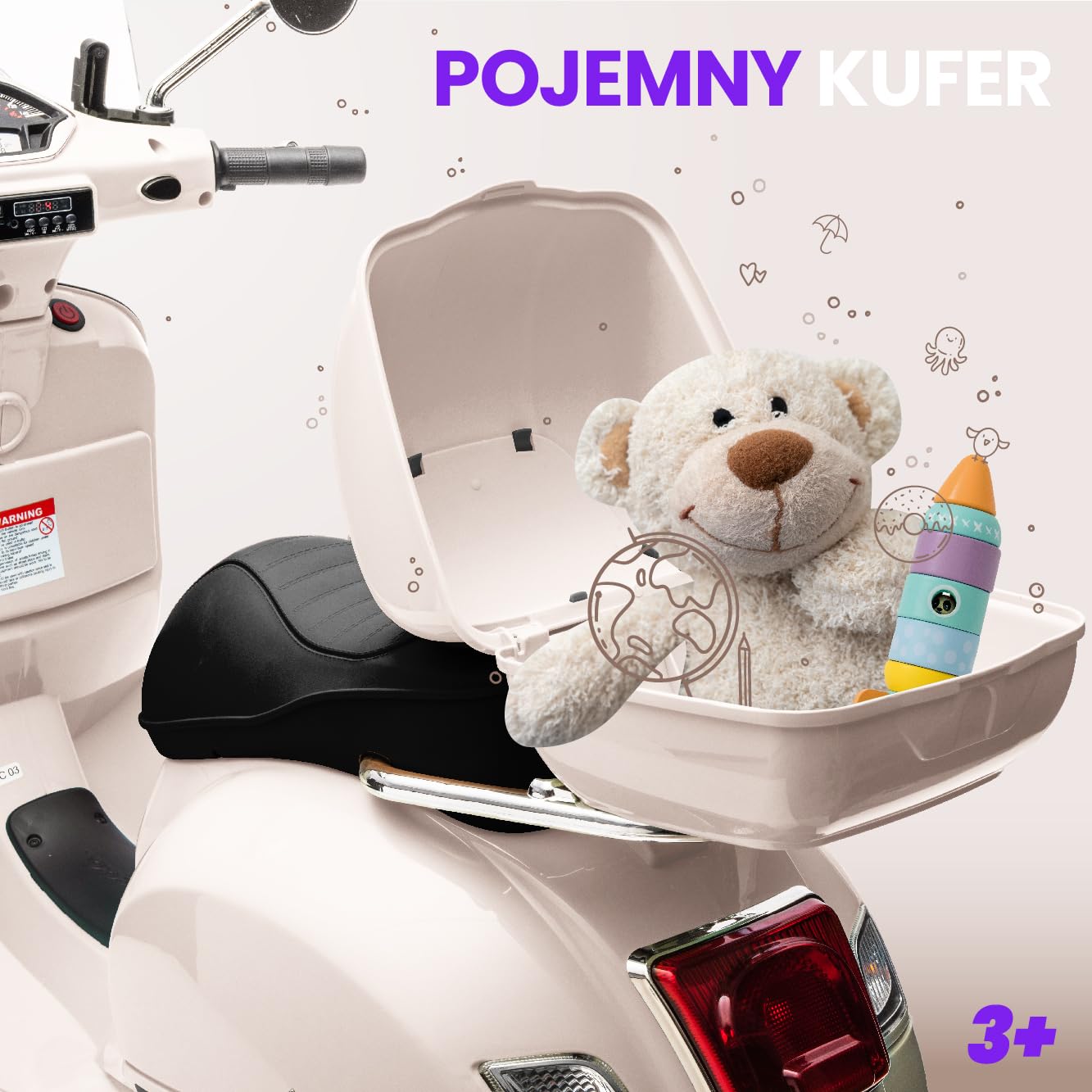 VESPA Elektryczny skuter dla dzieci, jeździk od 3 roku życia, plastikowe koła i siedzisko, kuferek, odtwarzacz MP3, gniazdo USD MicroSD AUX (Biały)