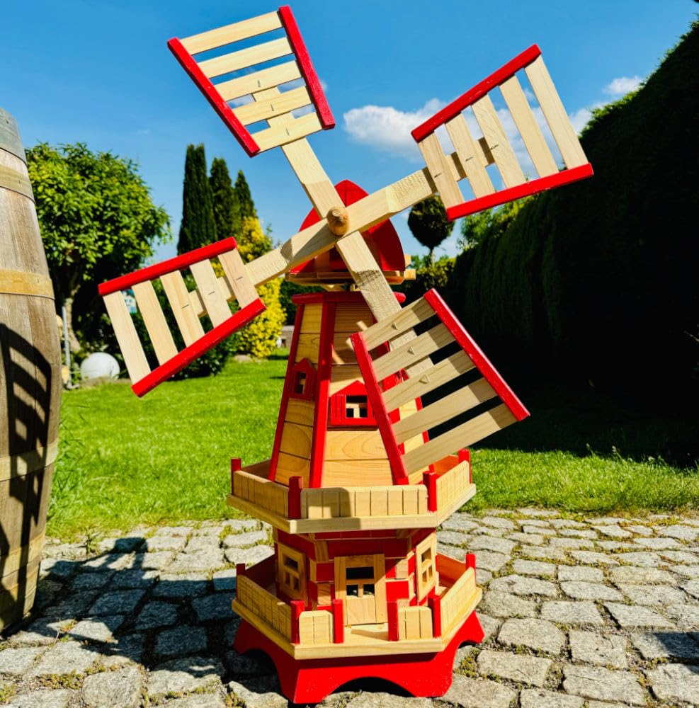 Molino de viento hexagonal para jardín, de madera natural/rojo, altura 93 cm