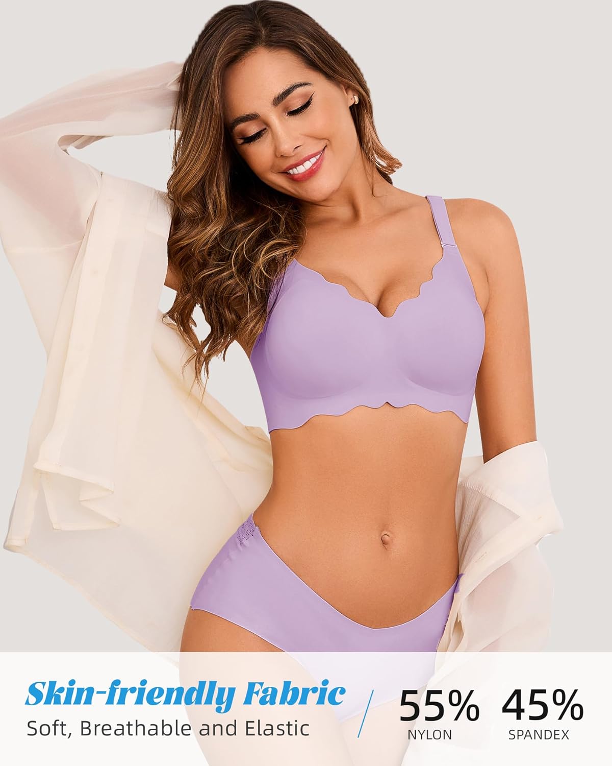 Seamless Bras for Women No Underwire Push Up Bra Full Coverage V-Neck Wirefree Bralettes Soft T-Shirt Everyday Bra Purple - Image 4