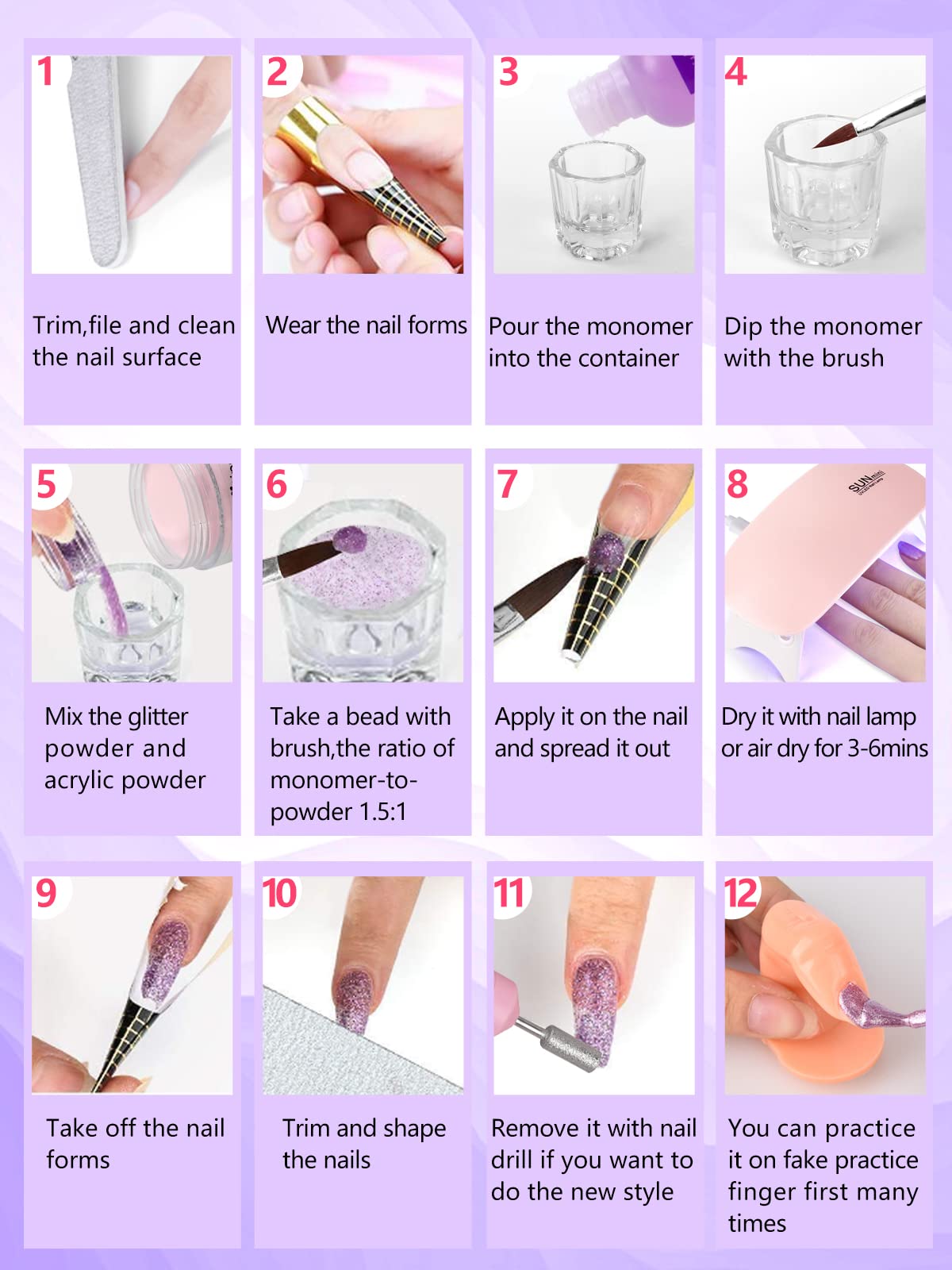 Kit de uñas acrílicas para principiantes con todo, 42 colores con purpurina de polvo acrílico monómero líquido kit de uñas acrílico profesional con todo, taladro de luz UV práctica bolsa de uñas