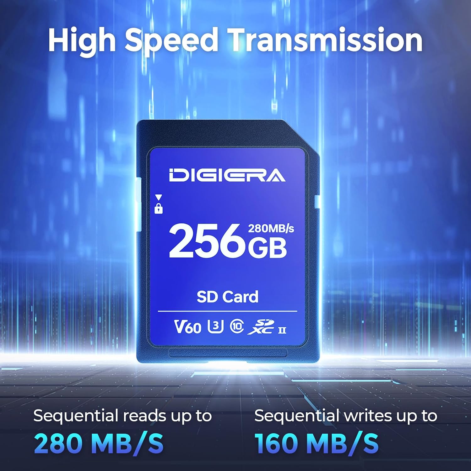 DIGIERA 256GB LSU100 SDXC UHS-II Memory Card - up to 280MB/s, C10, U3, V60, 6K, SD Card for Computers, Digital Cameras, Home Theatre Devices, Car Navigation Systems (1 Pack)