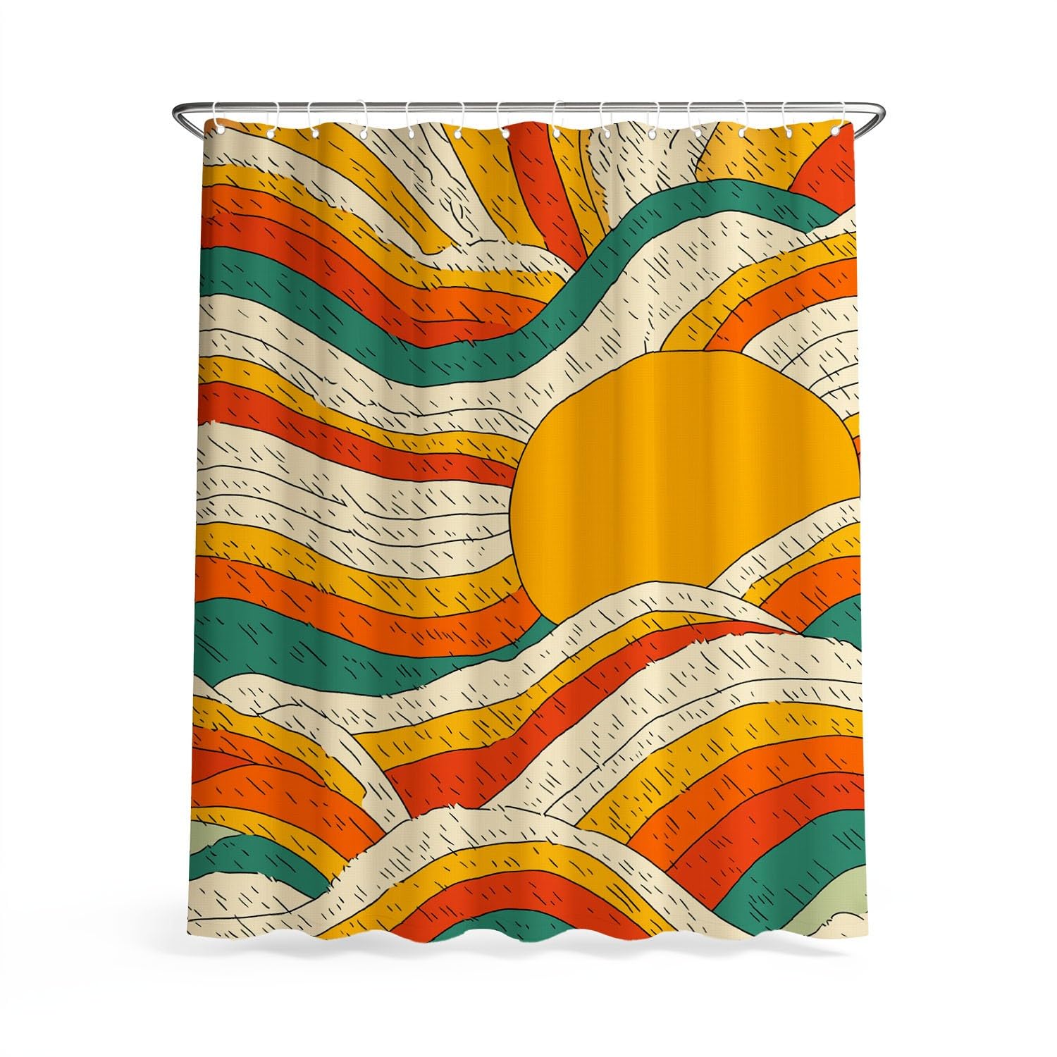 Generico Vintage Tenda Da Doccia Fantasia Linee Sole Beige, Tenda Da Doccia Per Bagno, Vasca Da Bagno, Tenda In Poliestere Impermeabile Con Ganci In Plastica, 200 x 200 cm