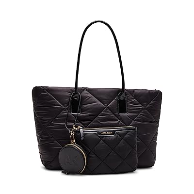 Anne Klein Quilted Nylon Tote With Pouch and Coin Purse Tote Handbags Black/Black/Black/Latte, Polyester