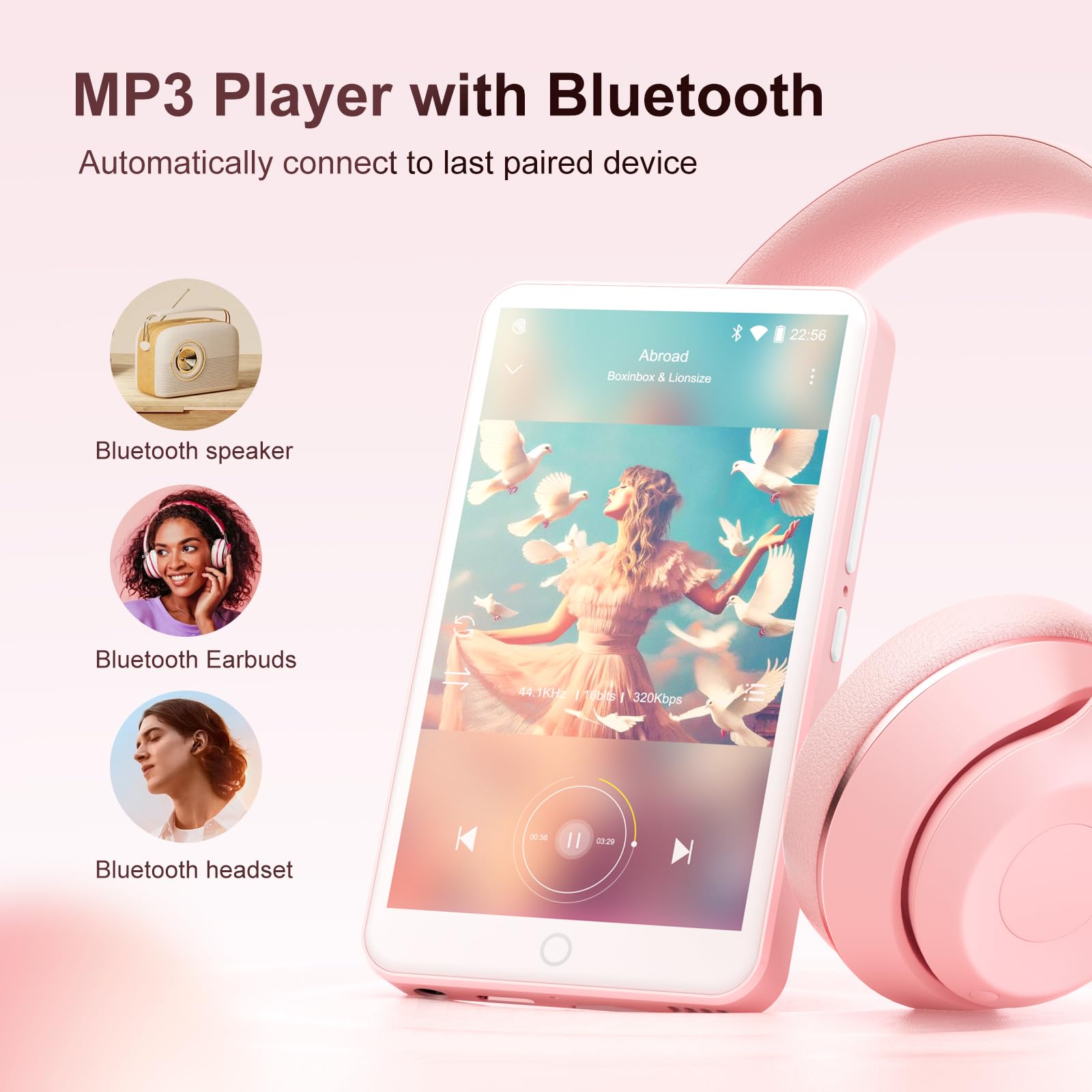 Reproductor de MP3 con Bluetooth y WiFi, Oilsky 80GB Portable MP3 Music Player con Spotify, Audible, Deezer, Reproductor MP4 de Pantalla Táctil 1080P de 4'', Android 9.0 (Rosa)