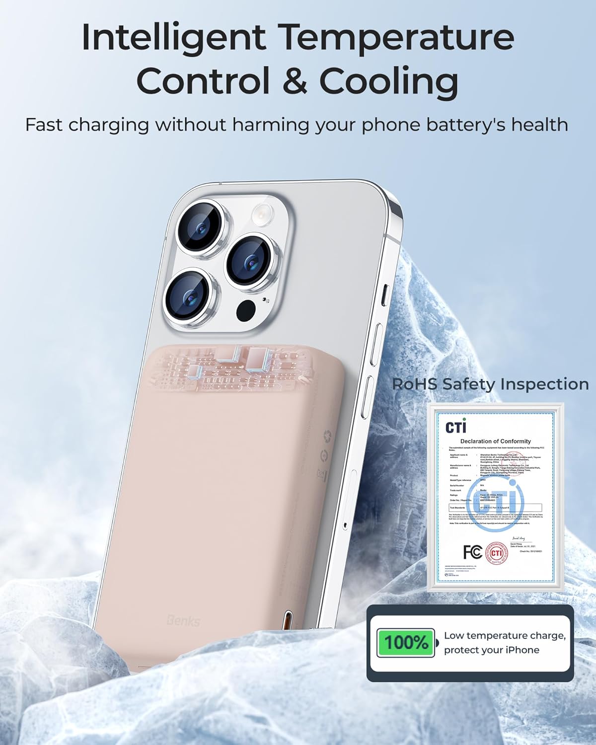 BENKS Magnetic Power Bank attached to an iPhone, with a transparent view of internal components and a certificate, highlighting intelligent temperature control.