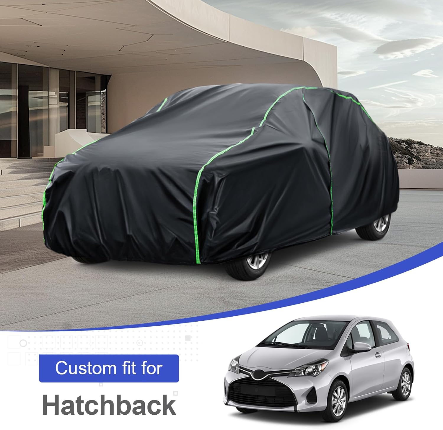 Waterproof Car Cover Compatible with Sonic/Accent/Veloster/Mirage/Prius c All-Weather Protection, 157"-165" Hatchback PEVA Car Cover with Zipper Door