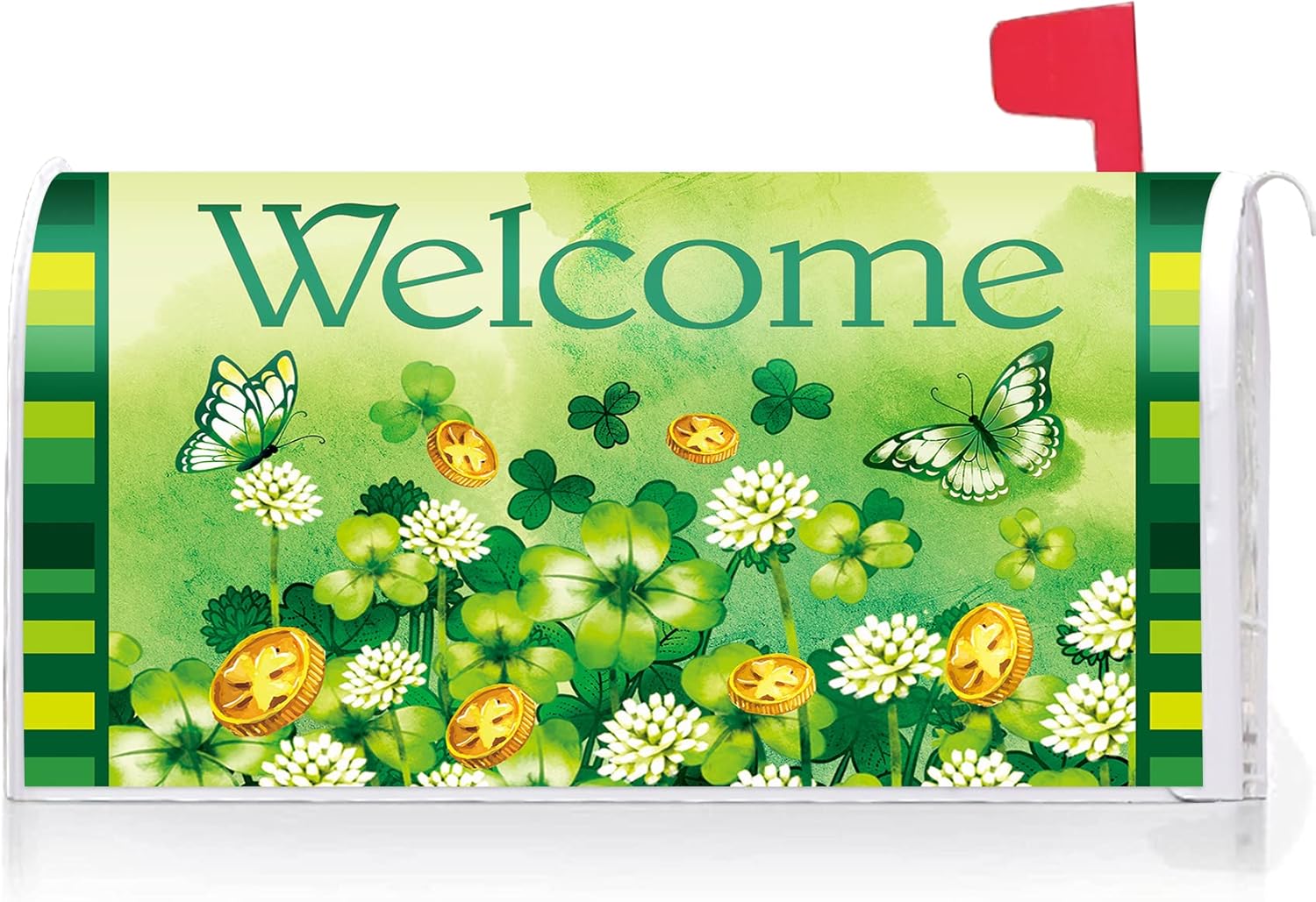Texupday Welcome Shamrock Coin Floral Butterfly Decoration St.Patrick's Day Mailbox Cover with Magnetic Strip Holiday Mailbox Wraps Post Box Cover Standard Size 21" X 18" for Garden Outdoor Yard Decor