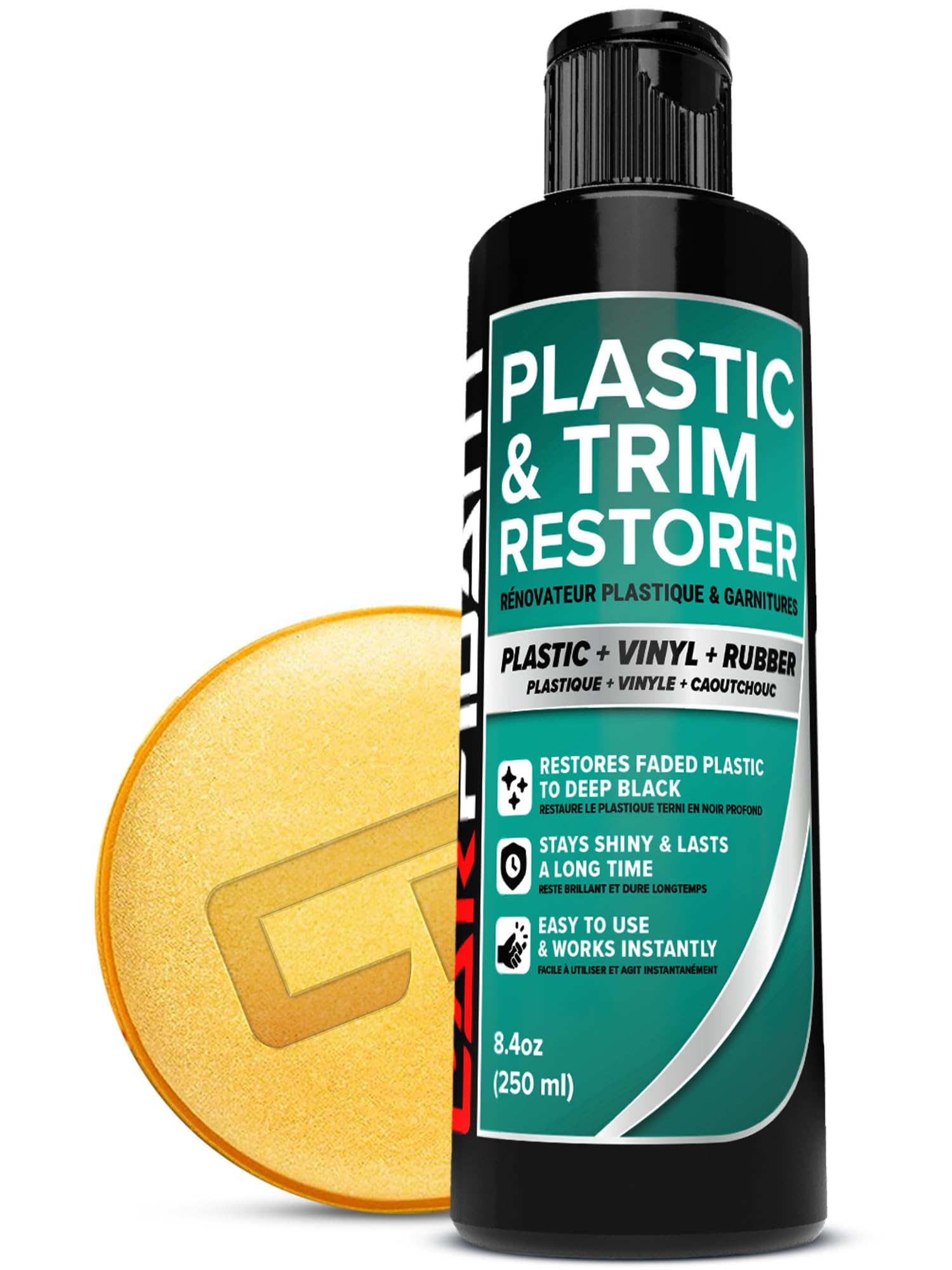 Restaurador de plástico Carfidant para Autos, refresca el plástico desteñido, Vinilo y Goma con Esmalte para un Brillo Profundo, Protege contra los Rayos UV y la Suciedad, Color Negro Exterior e