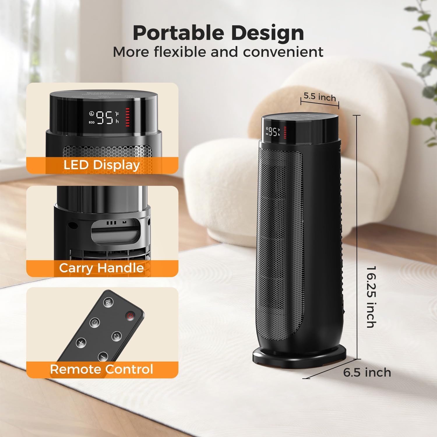 BREEZOME Space Heaters for Indoor Use, 1500W, with Thermostat, 24H Timer, 90° Oscillating, Quiet, Portable, PTC Ceramic, with Remote, Fast Safety Heat for Home Bedroom (GREY)