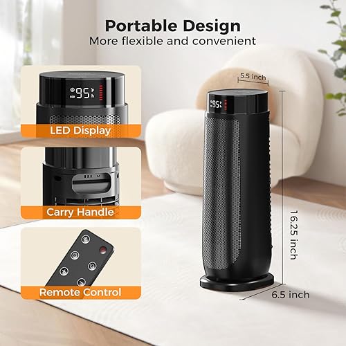 Miniatura 8 de BREEZOME Calentadores de espacio para uso en interiores, 1500 W, con termostato, temporizador de 24 horas, oscilación de 90, silencioso, portátil,