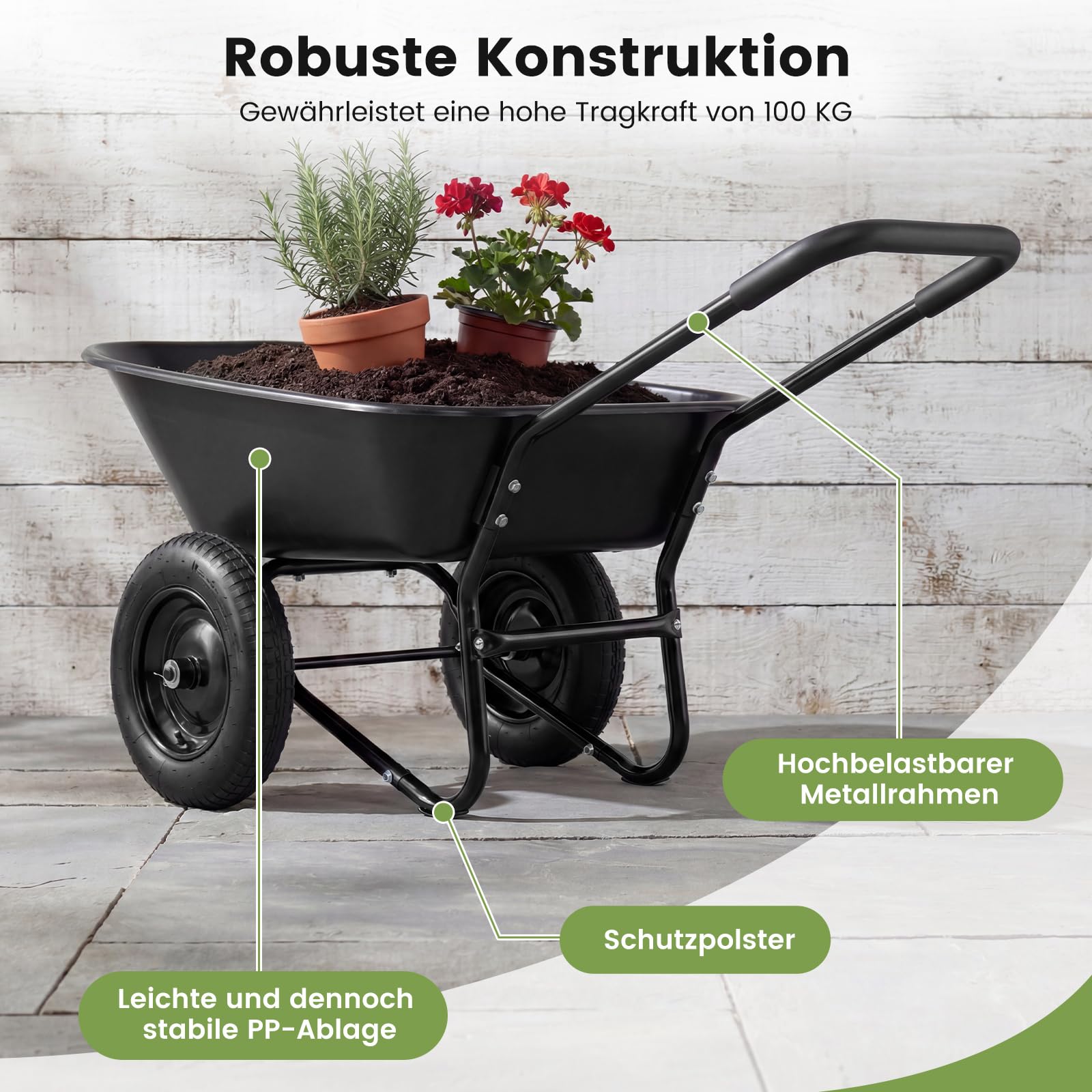COSTWAY Schubkarre 2 Räder, Vollgummireifen, 78 L, Schiebkarre mit Kippfunktion & Griff, Gartenschubkarre bis 100 kg, Bauschubkarre Metallrahmen, Transportkarre Garten, 64 x 138 x 65 cm (Schwarz)