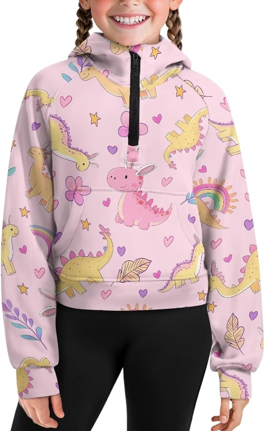 Uourmeti Girls Half Zip Up Sweatshirts Long Sleeve Drop Shoulder Cropped Hoodies with Pockets