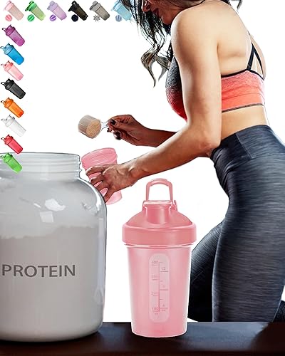 EBAT Botella agitadora en color rosa (tapa y cuerpo) con gancho de bucle clásico, marcas de medición de 12 oz13.5 fl oz y una pequeña bola batidora