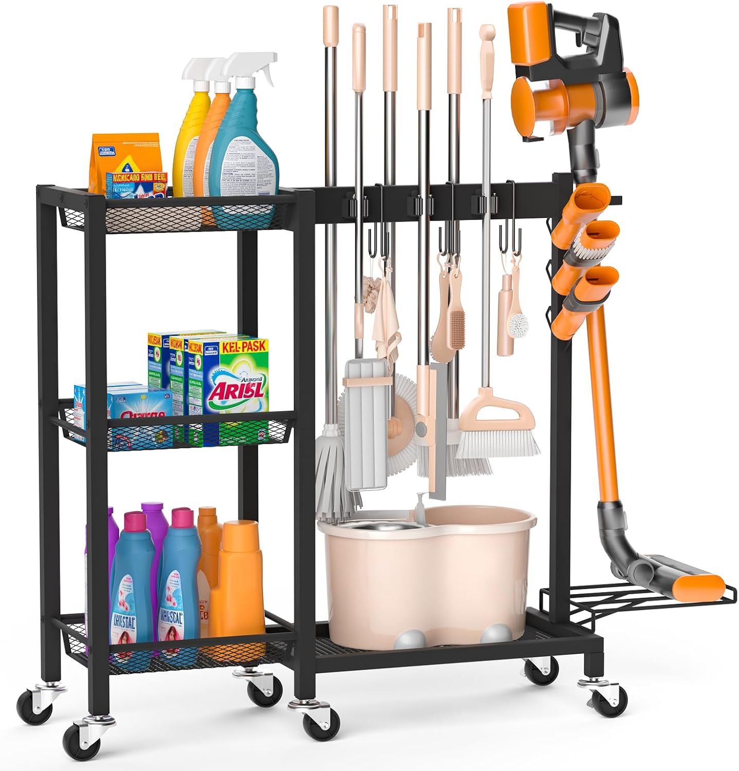 Broom Holder with Cleaning Supplies Organizer Load 350 LBS Cleaning Cart with Wheels Broom Closet Storage with 3-Tier Shelves, 6 Mop Hanger Grippers, 3 Double-Hooks, Vacuum Stand for Laundry Garage