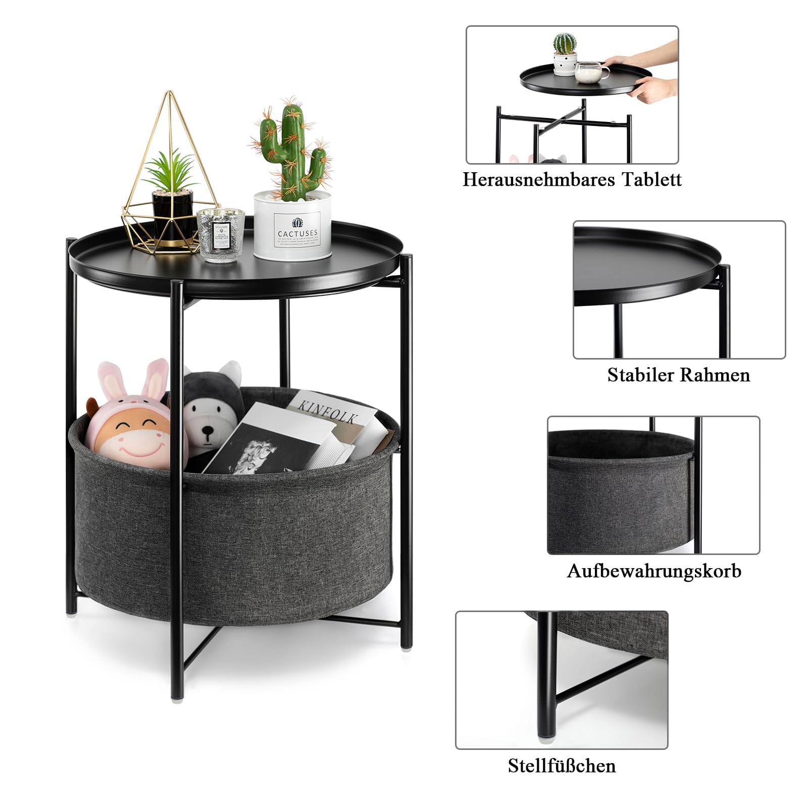 Table D'appoint Ronde Rinkgarden Avec Panier En Tissu – Design Moderne Pour Salon, Chambre Ou Balcon