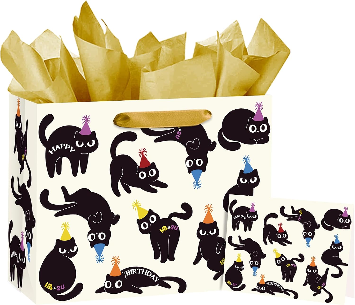 Loveinside 13" Large Black Cat Birthday Gift Bag, Cute Party Hat Cat Design, Fun Gift Bag with Tissue Paper, Card for Kids, Pet Lovers, Birthday Party Favor, 13" x 5" x 10", 1 Pcs