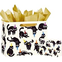 Loveinside 13" Large Black Cat Birthday Gift Bag with Cute Party Cat Design, with Tissue Paper and Greeting Card, Ideal for Kids Pet Lovers and Birthday Party Favors, 13" x 5" x 10", 1 Set
