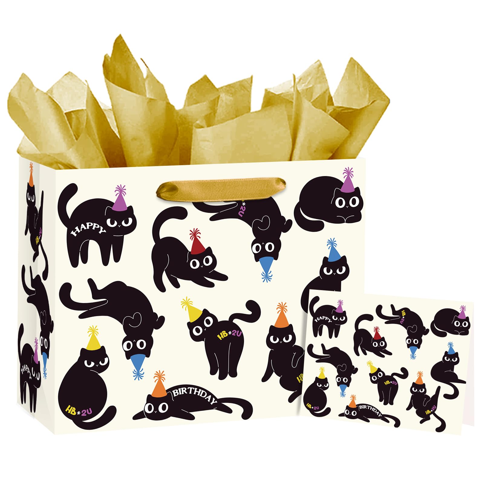 Loveinside 13" Large Black Cat Birthday Gift Bag with Cute Party Cat Design, Comes with Tissue Paper and Greeting Card, Ideal for Kids Pet Lovers and Birthday Party Favors, 13" x 5" x 10", 1 Set