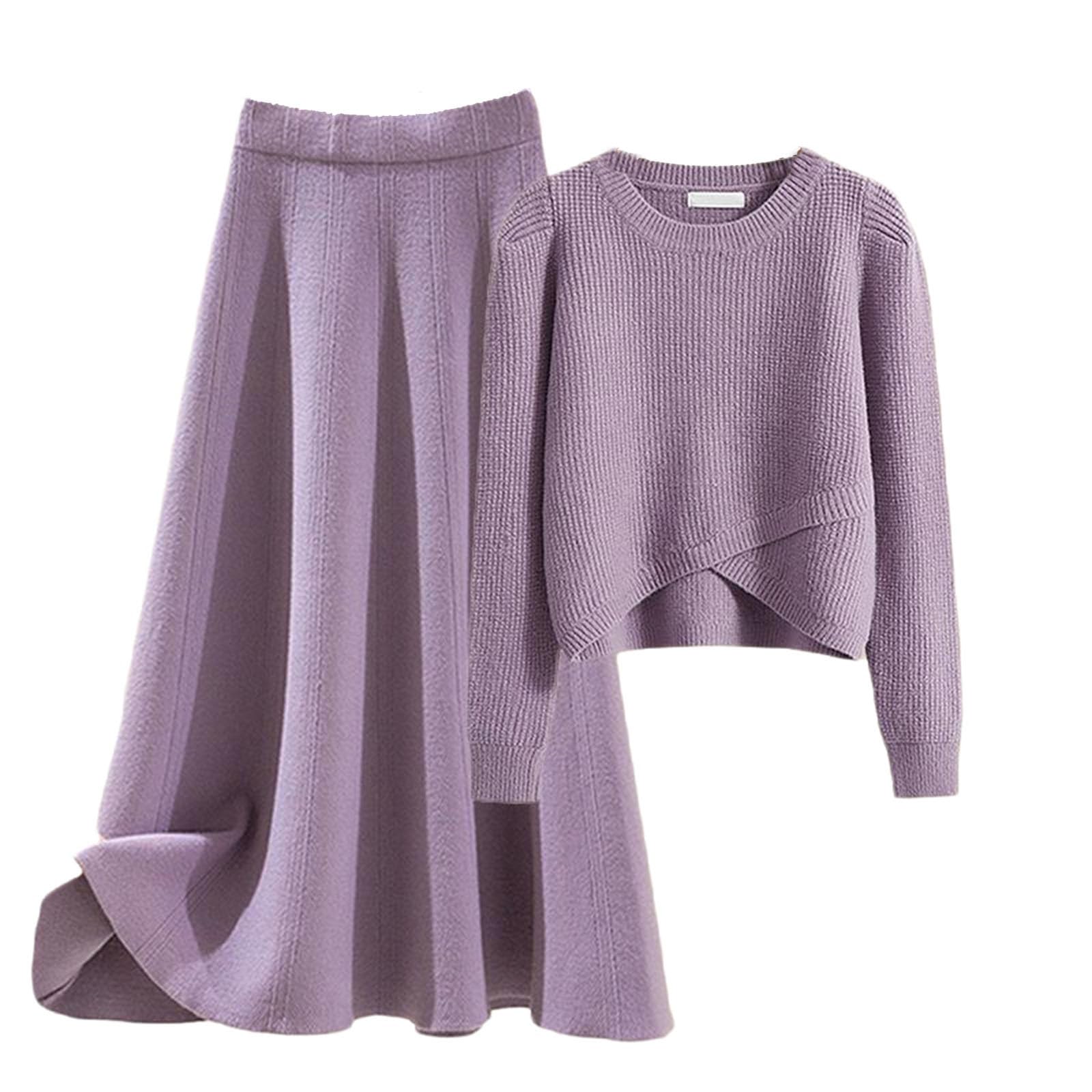 Damen Strickset bestehend aus Pullover und Rock | Zweiteiliges Set in A-Form | Stylisches Waffelstrick Outfit und passender Midirock