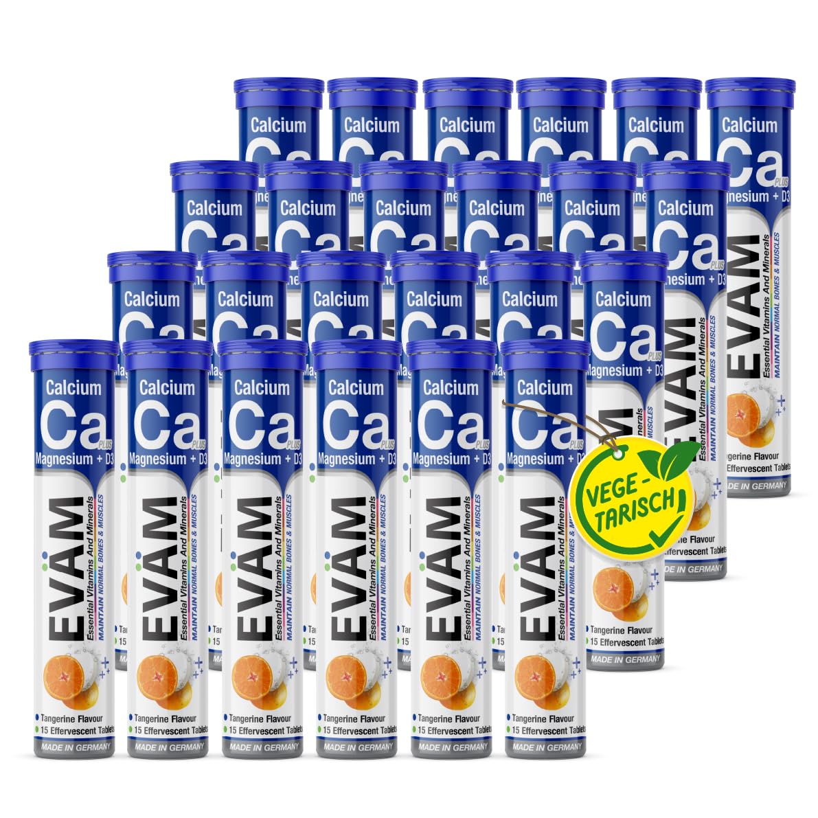 Calcium Magnesium D3 Brausetabletten I Geschmack Mandarine I 24x 15 Stück I Nahrungsergänzungsmittel zur Unterstützung von Knochen und Muskeln I für Vegetarier geeignet I Made in Germany