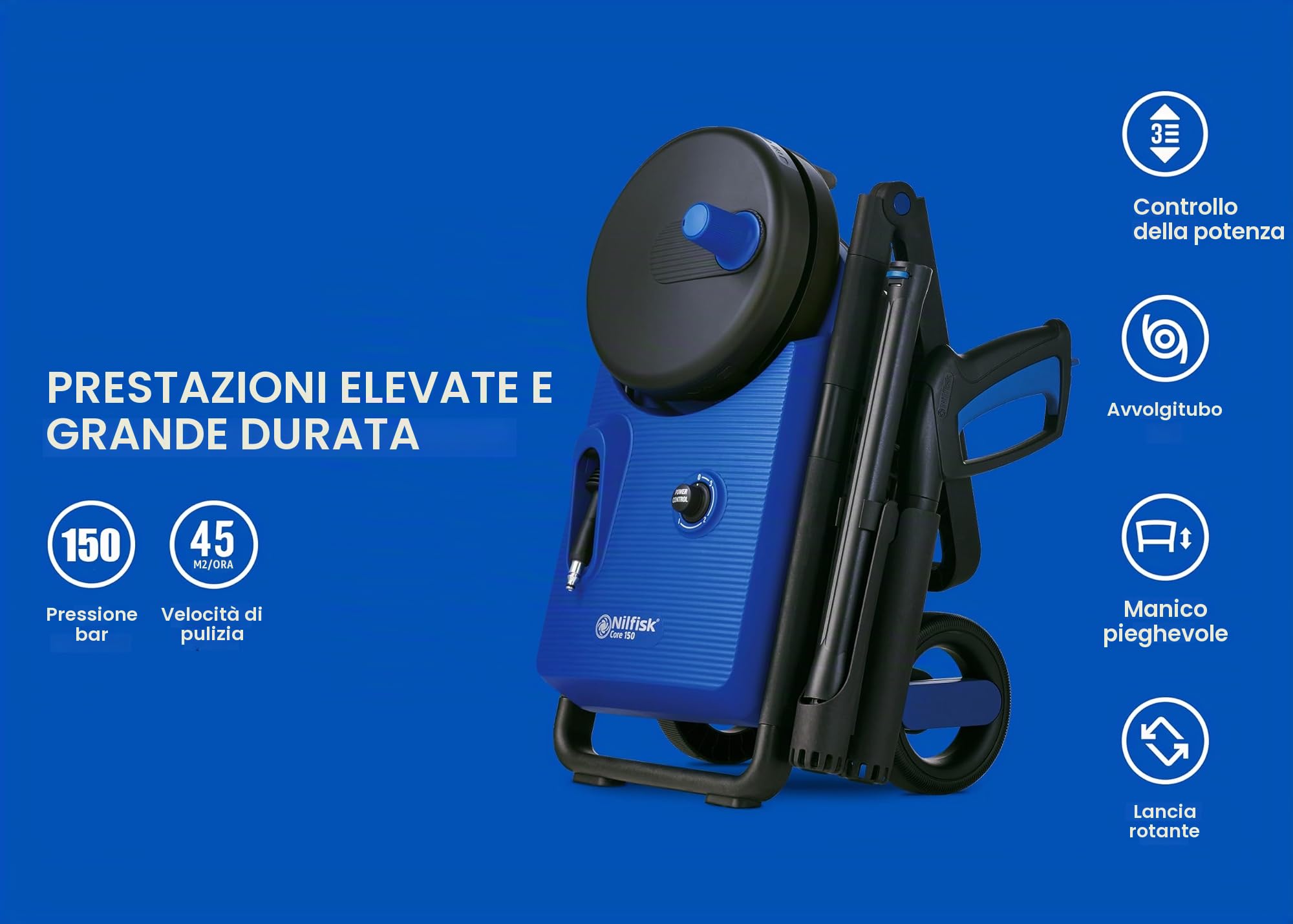 Idropulitrice Nilfisk Core 150 Bar con PowerControl + spruzzatore di schiuma - per terrazze e automobili (2000 W)
