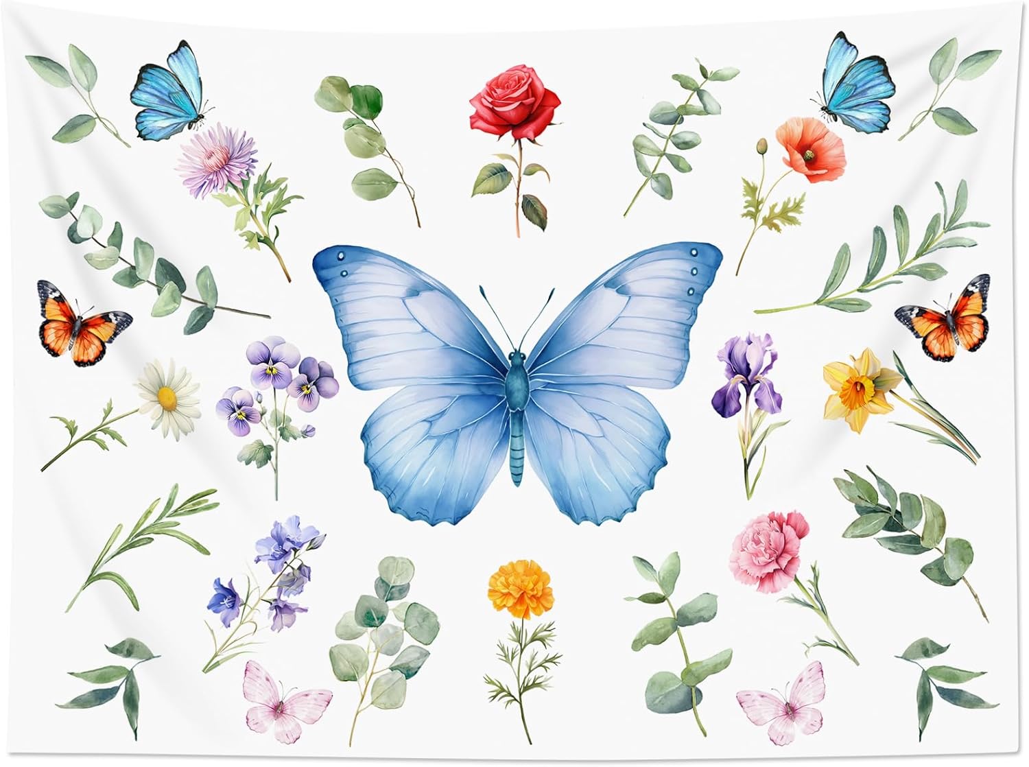SwiftSculpt Butterfly Plant Tapestry for Bedroom, Girly Floral Blue Wall Tapestry, Leaf and Flower Botanical Tapestries Wall Hanging for Decor for Living Room Dorm, 92.5 x 70.9 Inches