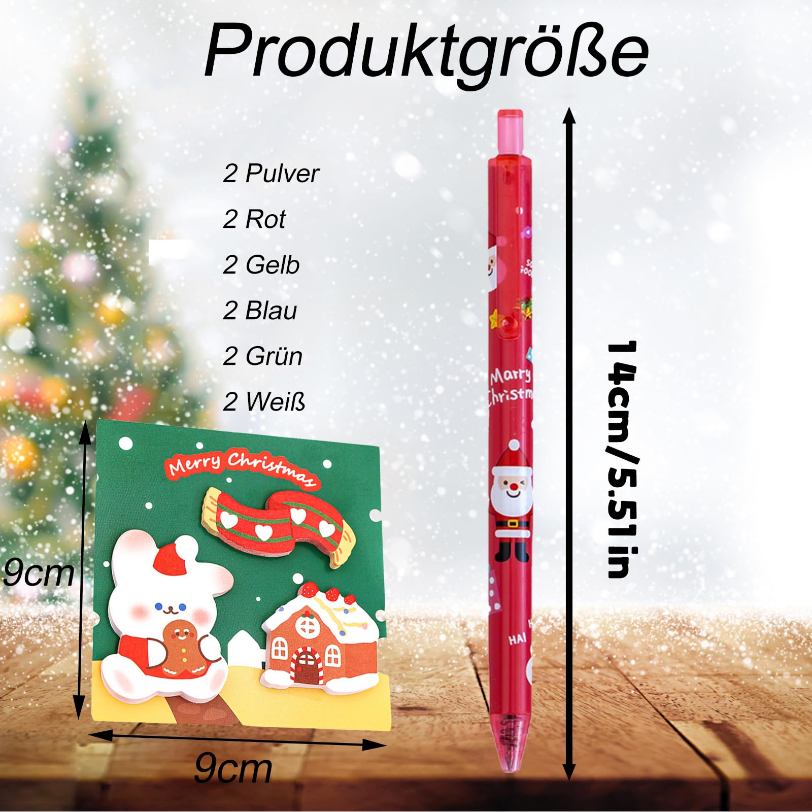 12 Stück Weihnachts-Kugelschreiber + 4 Haftnotizen Set, Festliches Schreibset für Büro, Haushalt & Geschenkzwecke